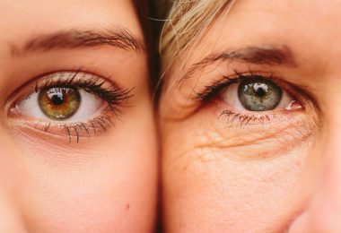 dos mujeres mostrando piel de los ojos, joven y envejecida